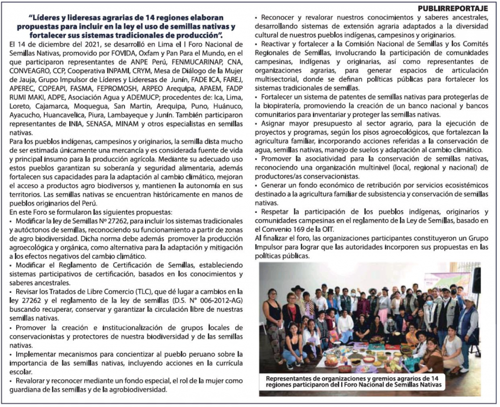 “Líderes y lideresas agrarias de 14 regiones elaboran propuestas para incluir en la ley el uso de semillas nativas y fortalecer sus sistemas tradicionales de producción”